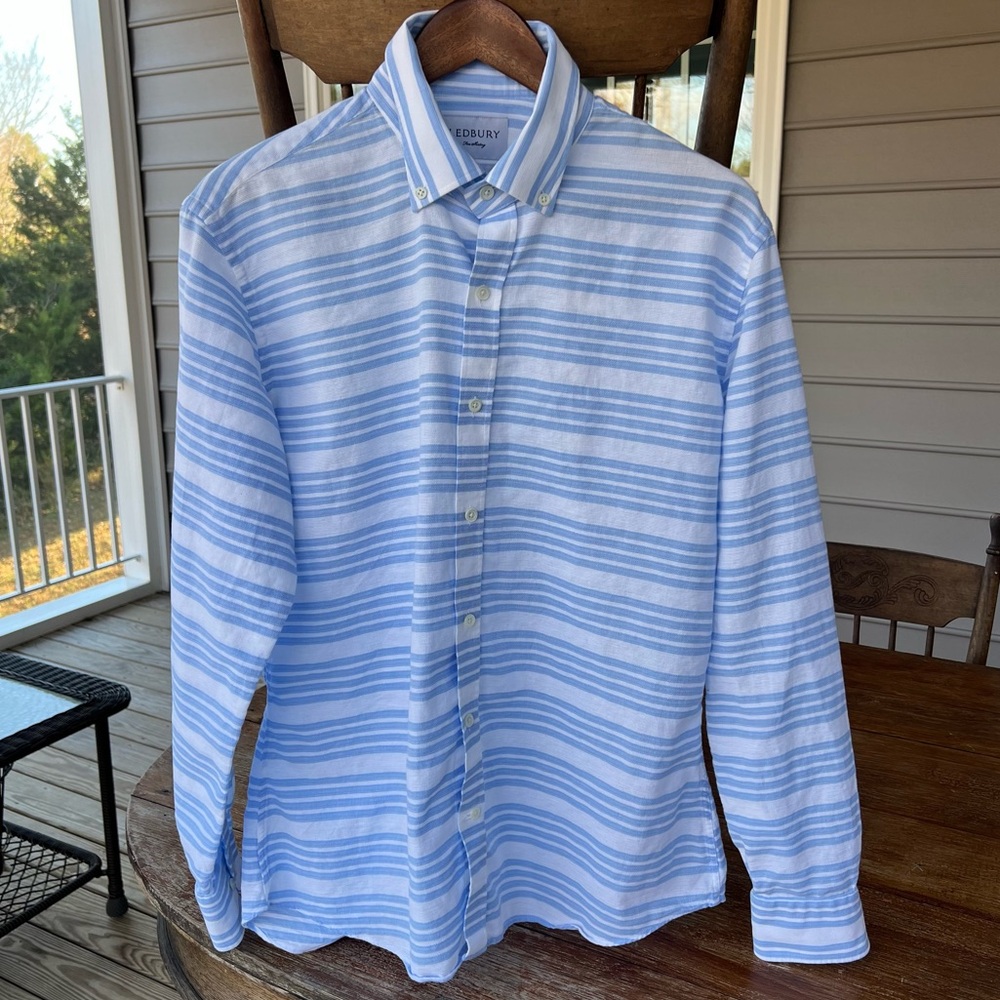 Ledbury Men’s Linen Cotton Blend Blue White Striped Shirt Tailored Fit 16.5 L